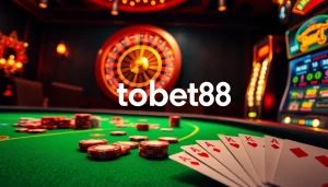 Tobet88 offers a thrilling online casino experience with vibrant poker chips and glowing slot machines.