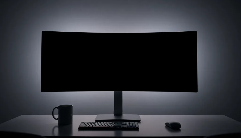 full black screen displayed on modern monitors in a minimalist workspace