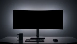 full black screen displayed on modern monitors in a minimalist workspace