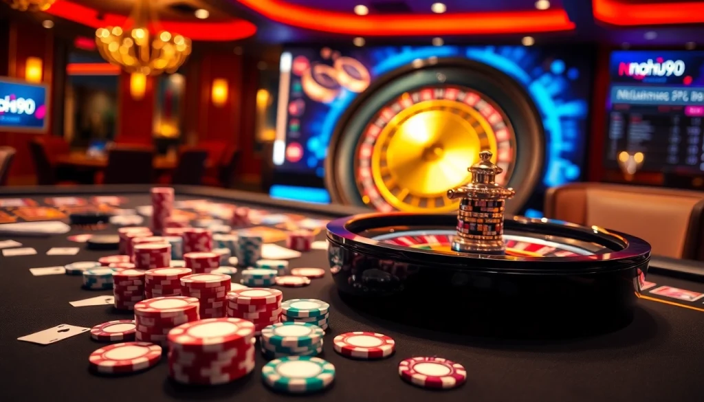 Nohu90 casino game action with poker chips and roulette wheel highlighting online gambling excitement.