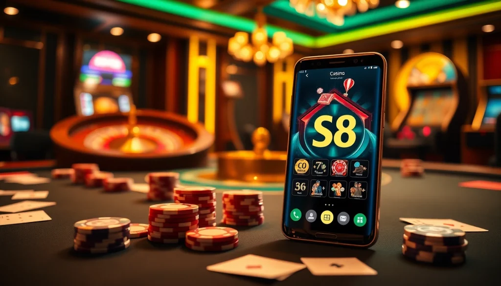 S8 Casino app on a smartphone set against an elegant poker table highlighting casino excitement.