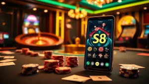 S8 Casino app on a smartphone set against an elegant poker table highlighting casino excitement.
