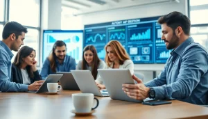 Engaged team at an AI automation agency in UK discussing project analytics and automation strategies.