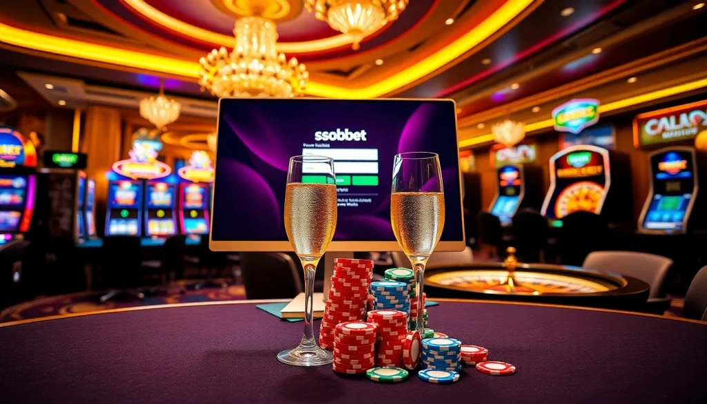 Engaging sbobet login interface with poker chips and casino tables in a vibrant environment.