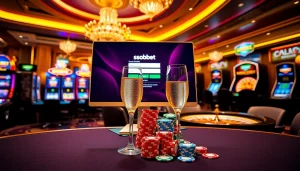 Engaging sbobet login interface with poker chips and casino tables in a vibrant environment.