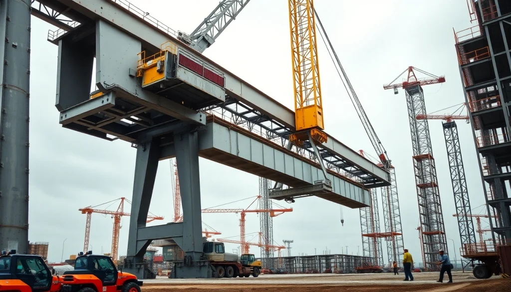 Double girder bridge crane lifting a steel beam at a construction site, showcasing industrial strength and efficiency.