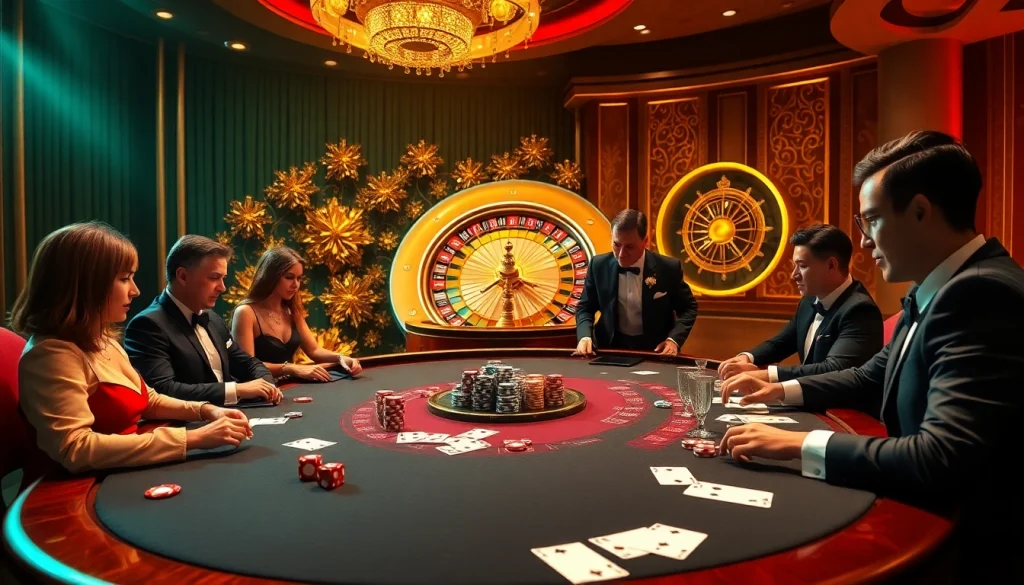 Tobet88 casino scene showcasing high-stakes poker action with vibrant colors and elegant players.