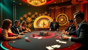 Tobet88 casino scene showcasing high-stakes poker action with vibrant colors and elegant players.