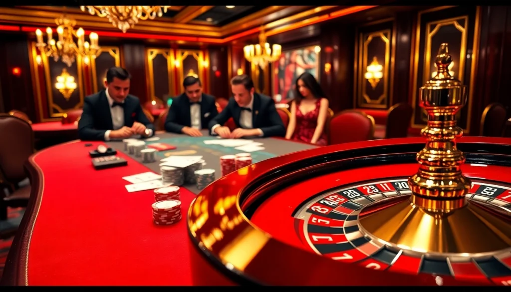 Excitement at an i9bet poker table with vibrant chips, cards, and roulette wheel action.