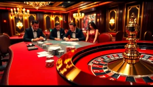 Excitement at an i9bet poker table with vibrant chips, cards, and roulette wheel action.