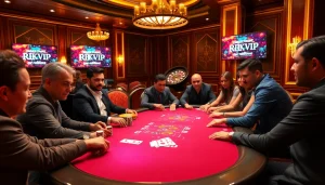 Exciting poker players engaged in a game at a luxurious casino featuring RIKVIP branding.