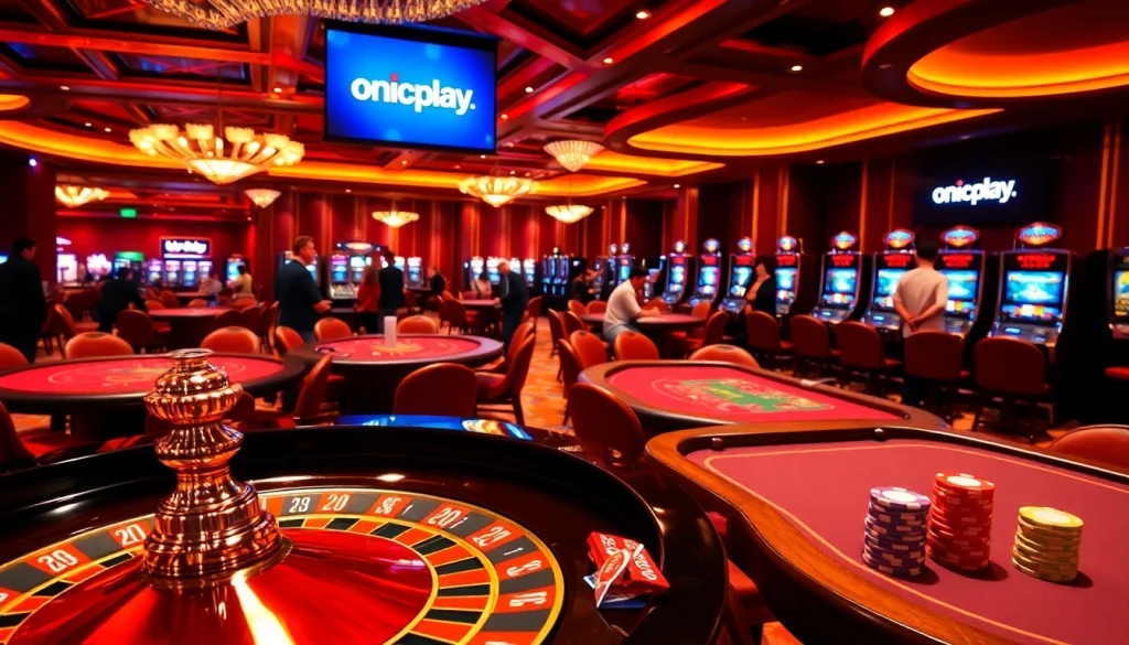 Experience thrilling gameplay with onicplay in a vibrant casino atmosphere filled with poker tables and slot machines.