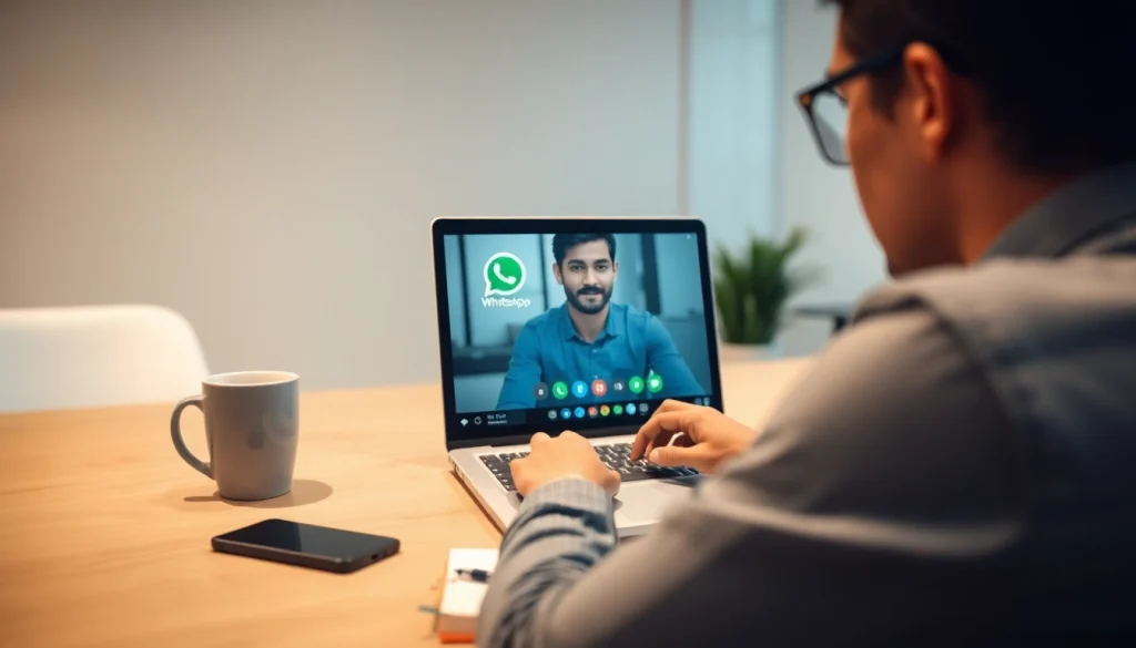 在现代办公室的笔记本电脑上使用WhatsApp网页版进行视频通话。