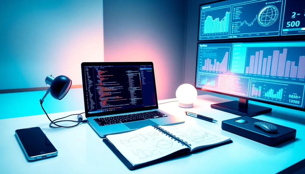Innovative software engineering workspace showcasing coding and data metrics.