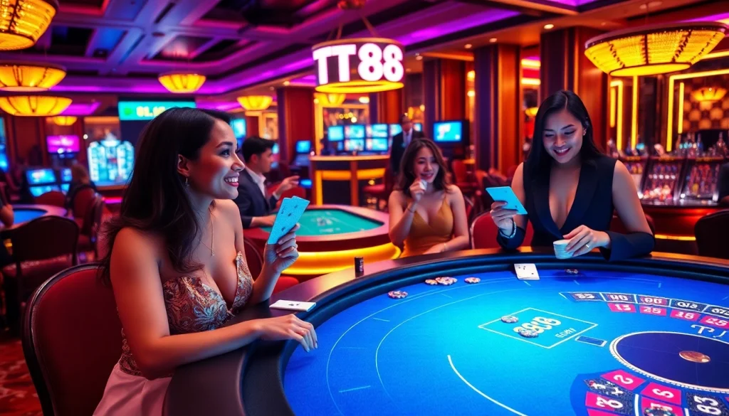 TT88 gaming table with enthusiastic players engaged in thrilling casino games under bright lights