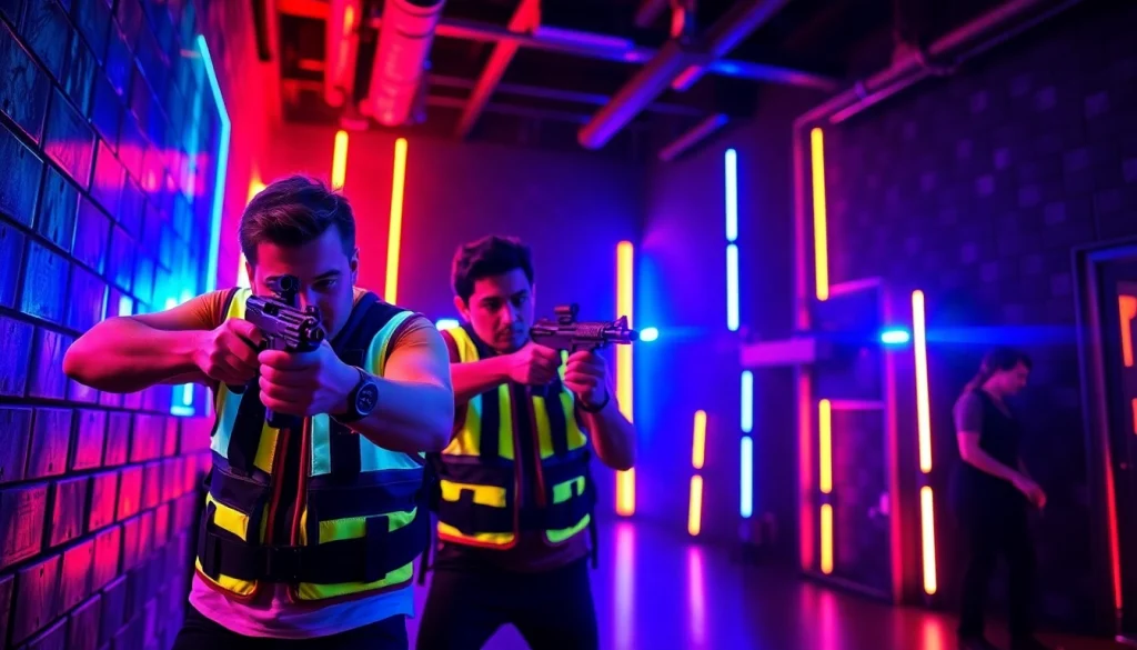 Players engaging in an exciting laser tag battle in a neon-lit arena.