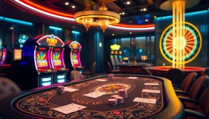 Engaging gamblers at a luxurious casino with MMOO-themed poker and slot machines.