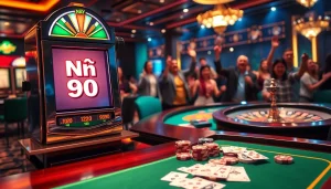 Players enjoying a thrilling game of nổ hũ 90 at a vibrant casino with slot machines and poker tables.