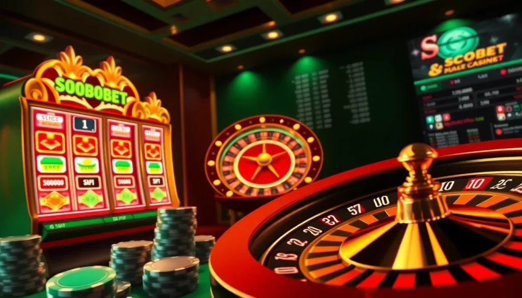 Sbobet online betting interface showcasing vibrant casino elements including poker chips and a roulette wheel.