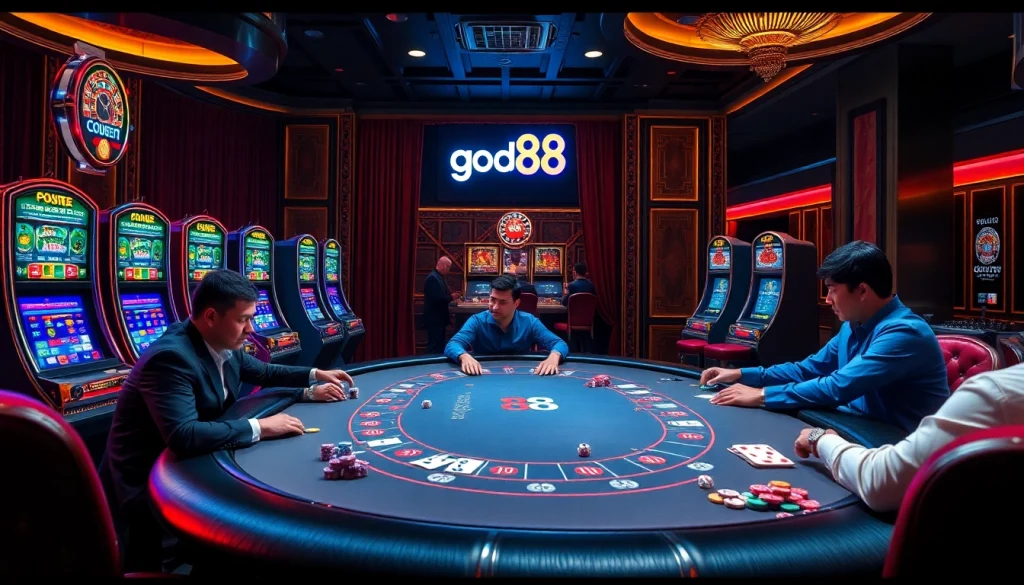 Players enjoying a high-stakes poker game at good88's vibrant casino with slot machines.