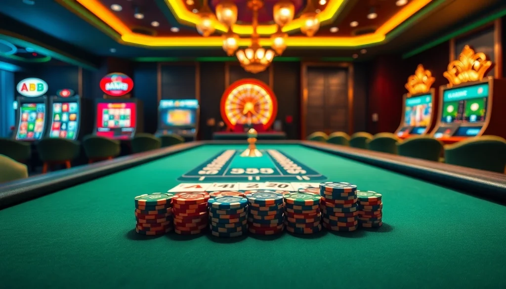 Experience the stunning online casino environment of nhà cái i5bet with vibrant poker tables and thrilling slot games.