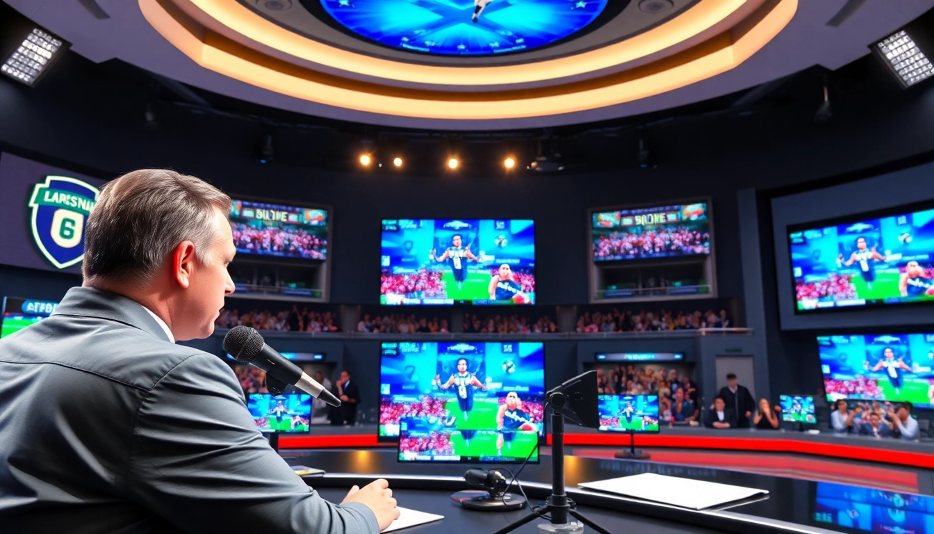 Engaging scene of sports broadcasting featuring a broadcaster and vibrant sports visuals.