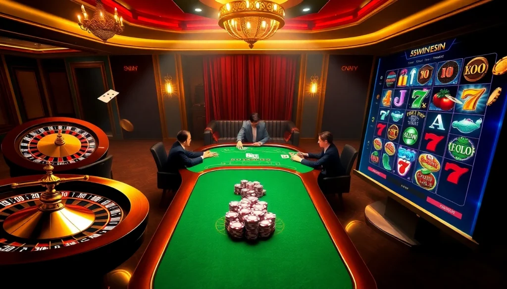 An exciting casino scene featuring poker players, a roulette wheel, and vibrant online graphics for 555win com.