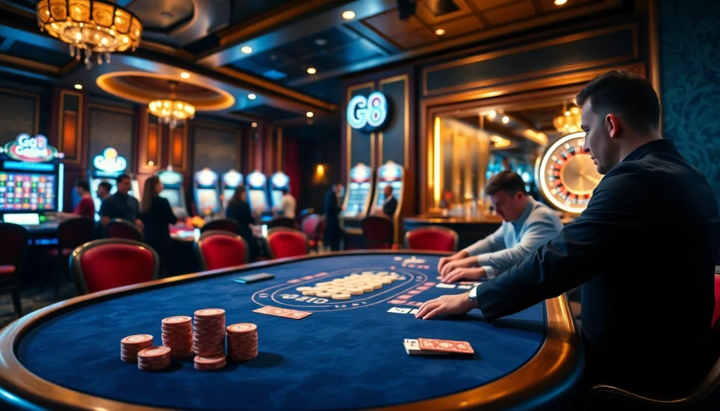 Players enjoying the excitement of gaming at Go8 Casino with vibrant, luxurious details reflecting high-stakes action.