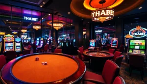 Players engaging in thrilling poker games at THABET casino with vibrant slot machines in the background.