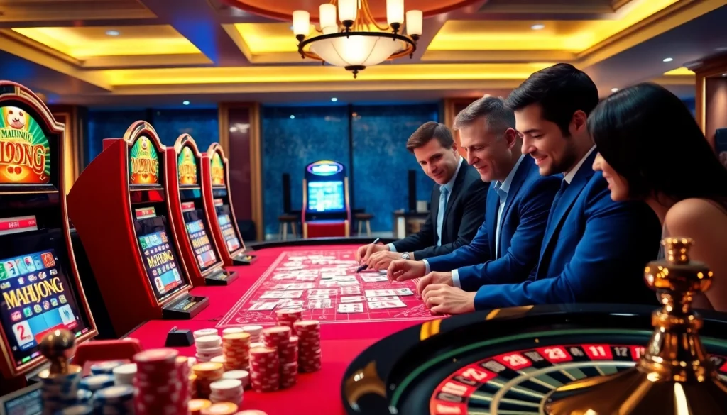 Engaging gamers with a Mahjong slot demo amidst vibrant casino visuals and thrilling gambling elements.