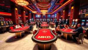 Experience the excitement of MK8 at a bustling casino table surrounded by eager players and vibrant slot machines.