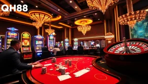 Players enjoying a vibrant poker game at QH88 casino with chips and a roulette wheel.