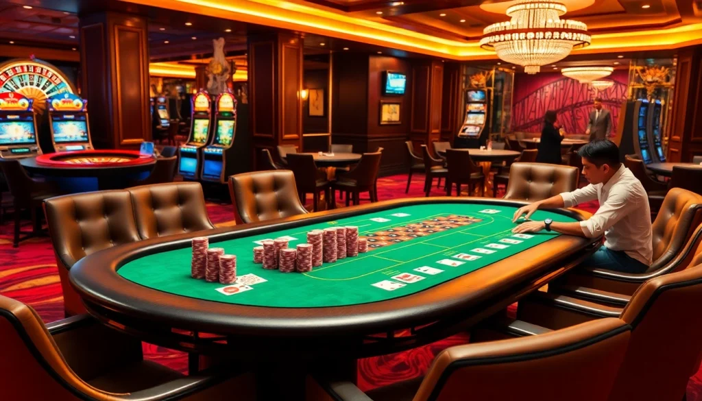 Experience thrilling gameplay at https://ok88.tech/ featuring an elegant poker scene with vibrant action and luxurious ambiance.