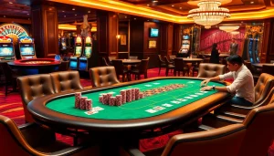 Experience thrilling gameplay at https://ok88.tech/ featuring an elegant poker scene with vibrant action and luxurious ambiance.