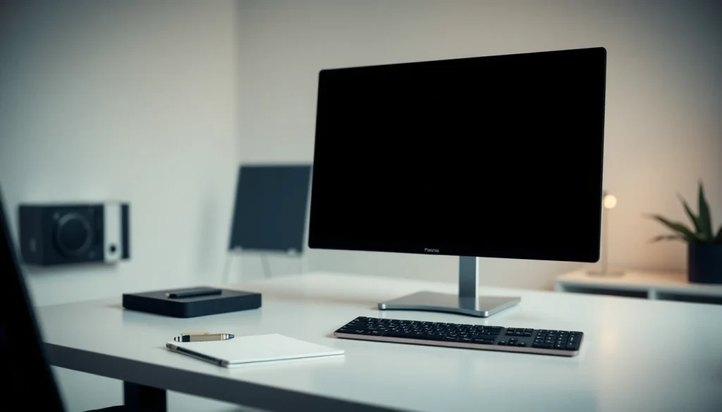 Full black screen displayed on a sleek computer monitor in a minimalist workspace.