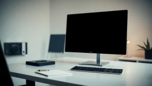 Full black screen displayed on a sleek computer monitor in a minimalist workspace.