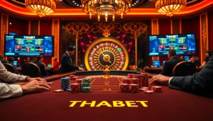 Experience an exciting poker game at THABET casino, filled with colorful chips and cards.