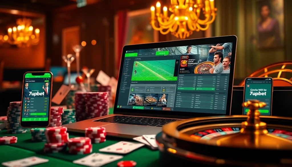 Players engaging in sports betting on 7upbet with vibrant casino elements like poker chips and cards.