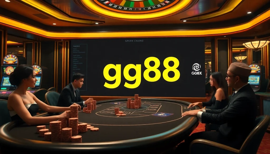Experience the thrill of gg88 at a glamorous poker table with vibrant slot machines in a luxurious casino atmosphere.