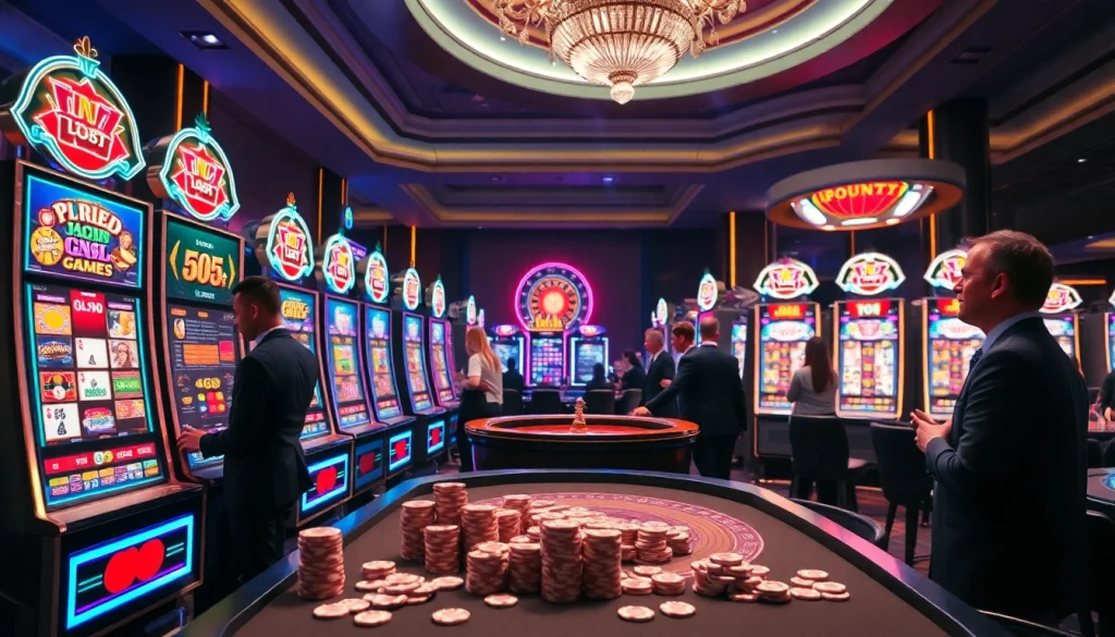 Experience thrilling idn slot action at a vibrant casino with engaging slot machines and players.