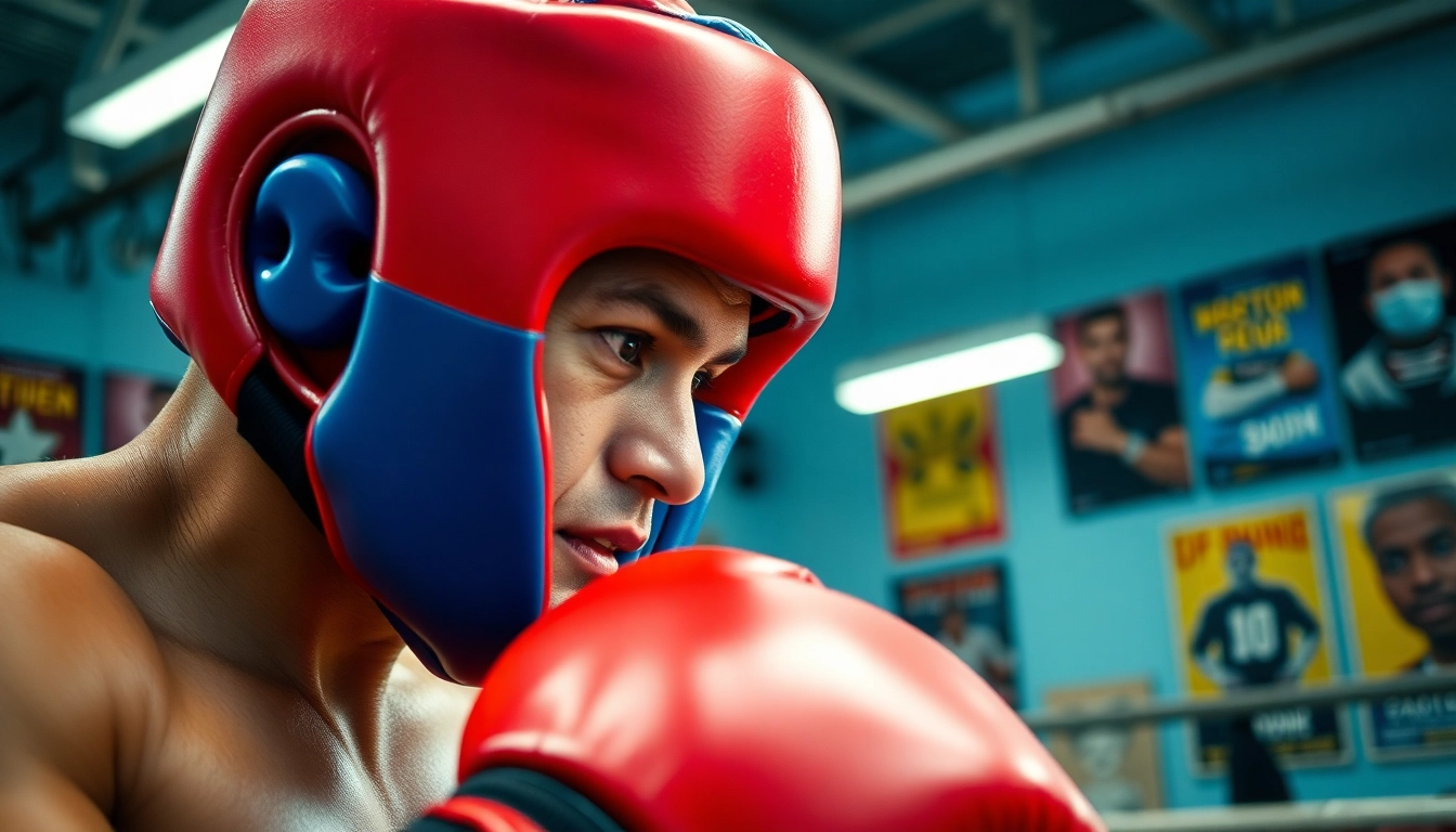 Kämpfer nutzt headgear boxing für sicheren Trainingseinsatz mit intensiver Konzentration.
