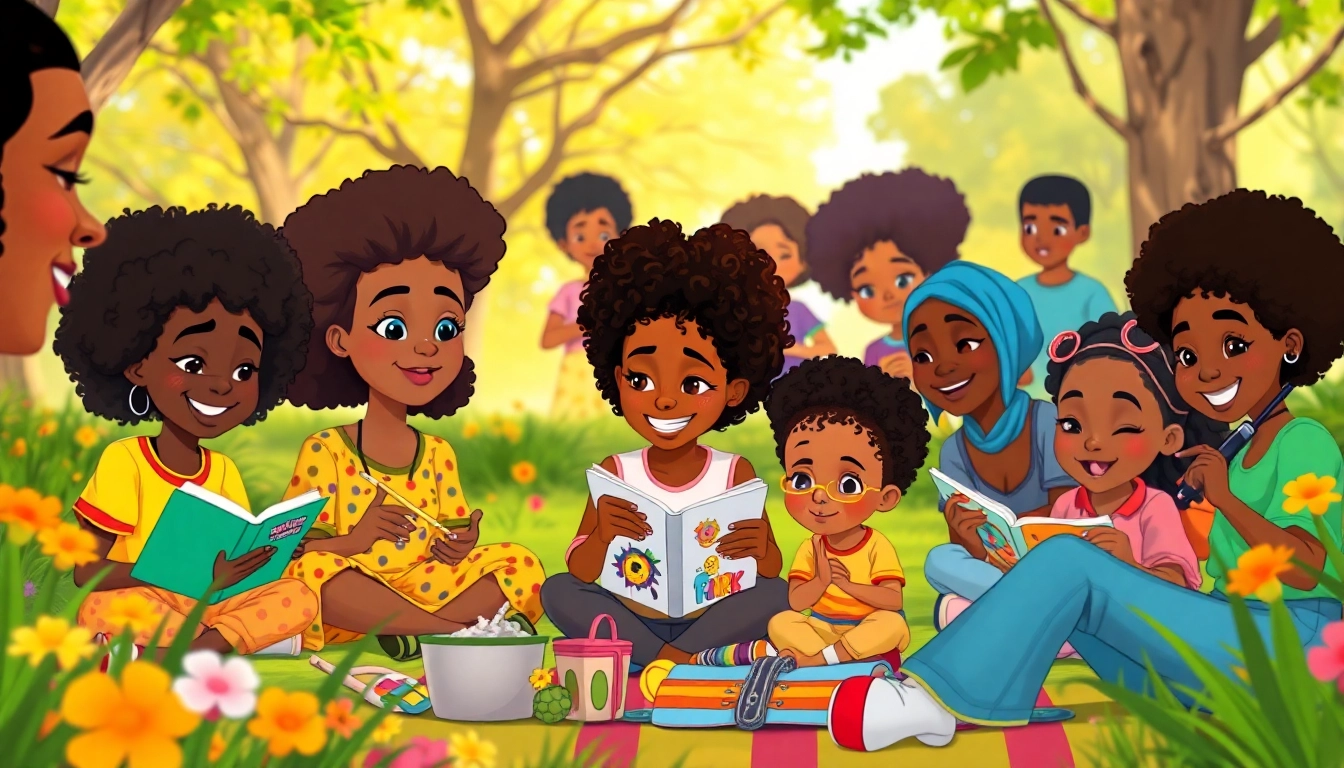 A lively scene depicting African American cartoons in a vibrant community park showcasing storytelling and creativity.