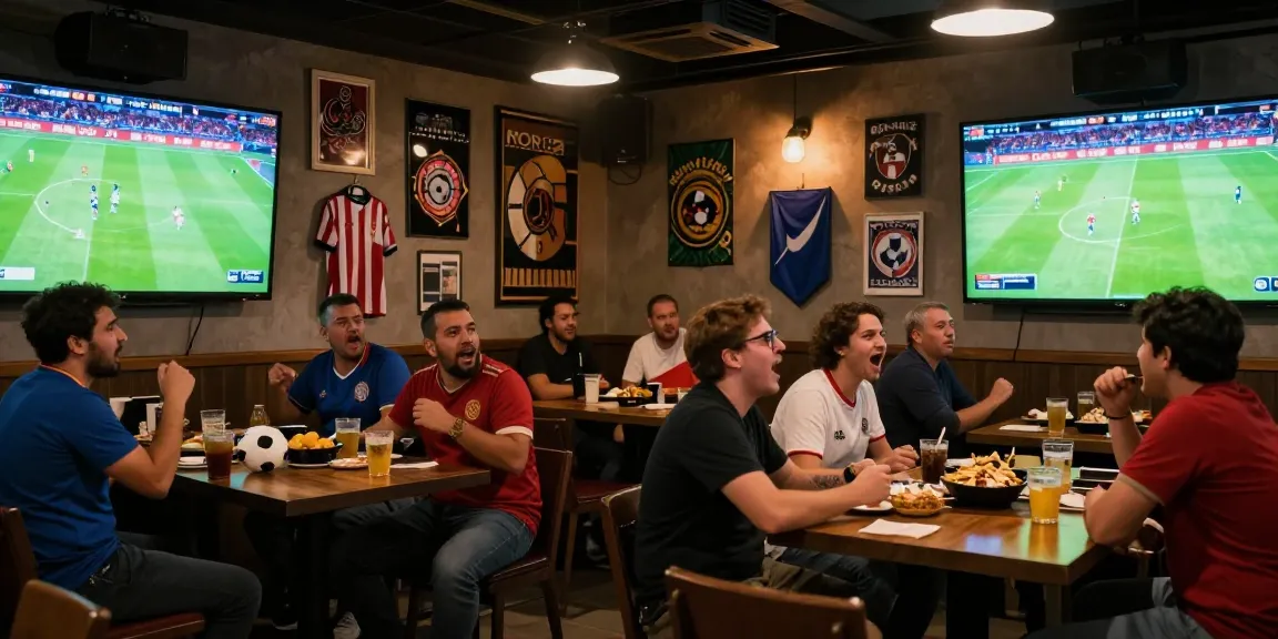 Fans enjoying koora live in a vibrant sports bar during a soccer match.
